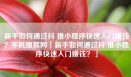 新手如何通过抖 推小程序快速入门赚钱？手机搜狐网「新手如何通过抖 推小程序快速入门赚钱？」